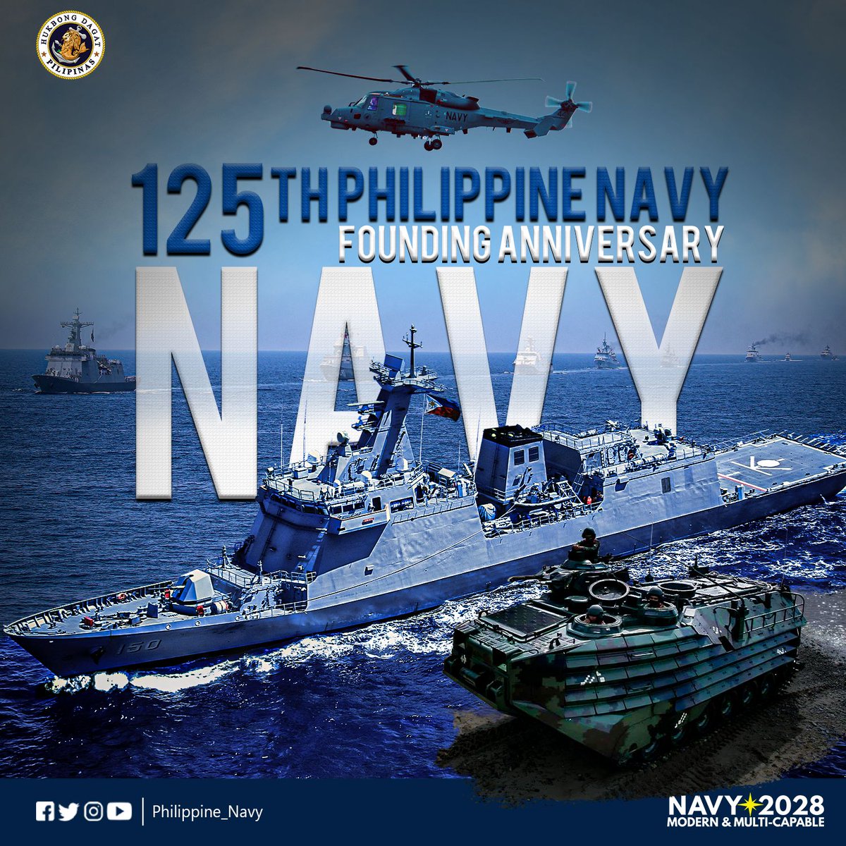 Guarding Philippine waters and the maritime domain for 125 years. We are <a href="/Philippine_Navy/">Philippine Navy</a>.
🇵🇭⚓️

Guardians of the Seas: Ensuring National Sovereignty, Security and Stability 

#MakeItHistoric 
#125thPhilippineNavyAnniversary 
#ModernandMultiCapablePHNavy 
#AFPyoucanTRUST