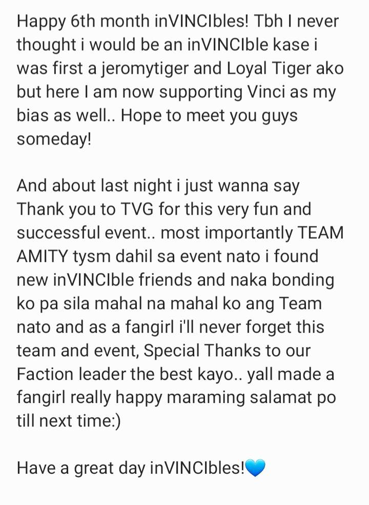 jirosienn's tweet photo. [late post] anyways..

HAPPY 6th MONTHS inVINCIbles!

Special thanks to @TeamVinciGlobal TVG Admins for this event, Truly had fun yall made a fangirl happy

And congrats to Team Amity, da best kayo 
@healwaysvinci_  @ibsandgb 

AMIghTY ONE
WelcomeTo VInciZone 
#enVIsionedAsOne https://t.co/38vt50FsRC