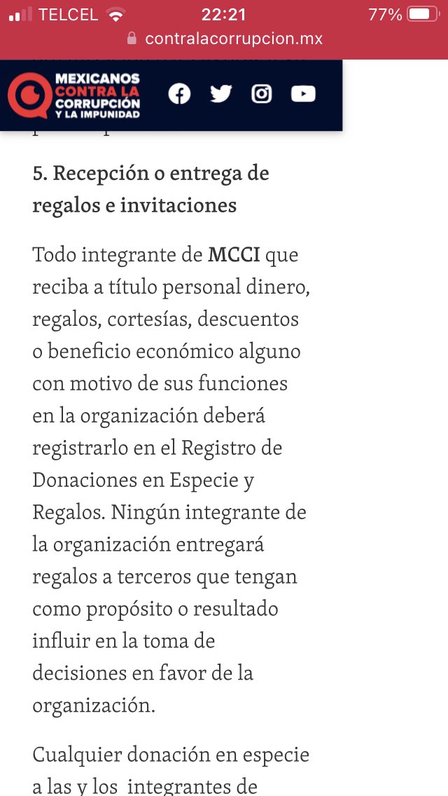 El Código de “Ética” de <a href="/MXvsCORRUPCION/">Mexicanos Contra la Corrupción</a> permite a sus “reporteros”, su vocero, su directora y demás colaboradores recibir “regalos y dinero” con motivo de “sus funciones en la organización”. Contrario a los verdaderos códigos de ética periodística   contralacorrupcion.mx/quienes-somos/….