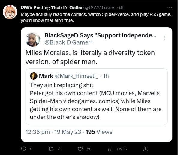 Black_D_Gamer1's tweet photo. I did.
Miles Morales was made specifically to commemorate Barack Obama being president. He was created from inception, to be a diversity token. https://t.co/3G8v3YGFeu