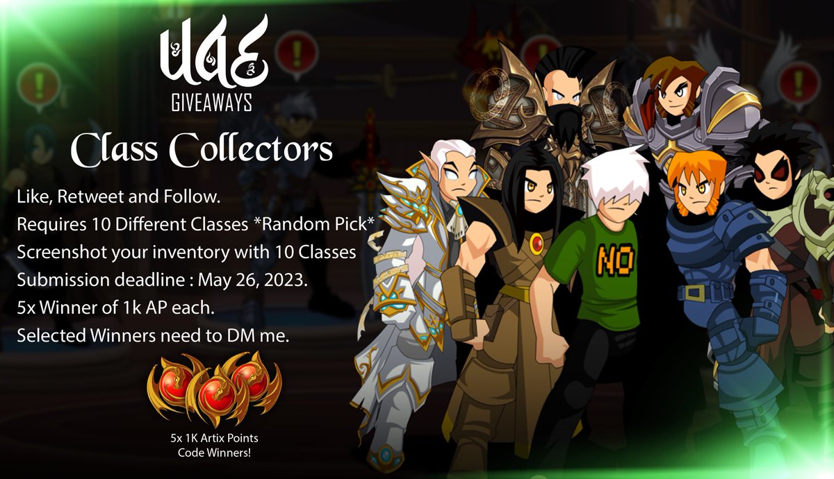 AQWorldsUAE's tweet photo. One more contest 🏆

@lanzAQW @alina_ae @GiveawaysAE 

Class Collectors Contest 

The Rules is 

* Reply your classes with your name
* Follow, Like and Retweet.
* Set Submission Deadline (May 26, 2023)
* The winners should DM me 

Thanks to @Skinsmck for making this banner. https://t.co/RZkCGLc8JK