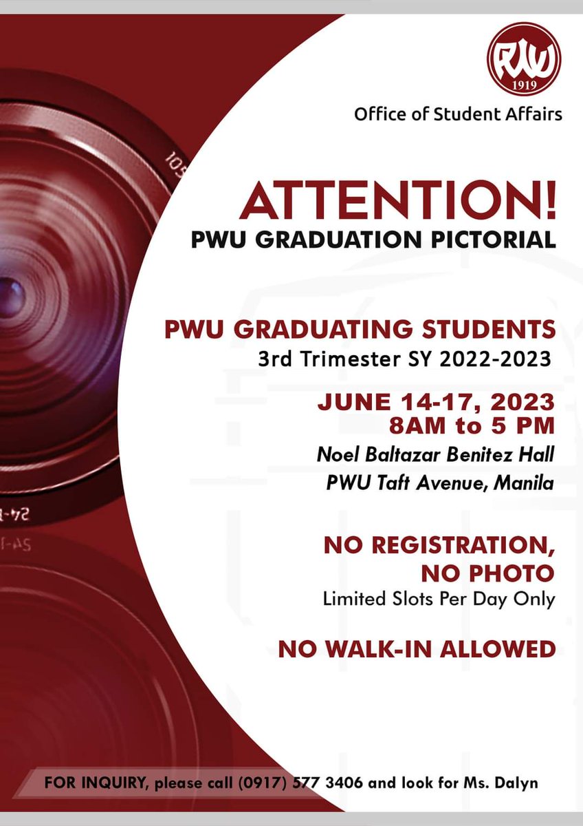 PWU_Manila's tweet image. ATTENTION: PWU GRADUATING STUDENTS

What: PWU Graduation Pictorial
When: June 14-17, 2023, 8:00am-5:00pm
Where: NBB Hall, PWU 

No Registration, No Photo, No Walk-ins Allowed
Note: Please see Graduation Photo Packages 

#GradPic 
#StudentAffairs 
#PWU104