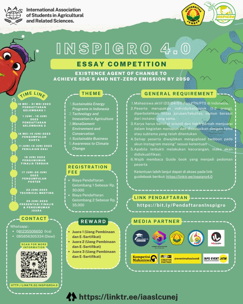 ✨[INSPIGRO 4.0]✨

Halo Mahasiswa Seluruh Indonesia! 📢

Go challenge yourself in INSPIGRO (Inspiration of Agricultural and Technology) form Science and Technology Department of IAAS LC UNEJ!

#lombaessay #lomba_mahasiswa #lomba_nasional #eventmahasiswa  #lomba2023 #lomba_juni