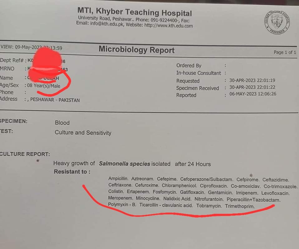 Antibiotics resistance at its peak 🥺
Report of 8 yrs old child from Peshawar shows that salmonella has developed resistance against so many antibiotics.
Govt needs to aware its people on the side effects due to rough use of antibiotics💊.
#Medtwitter
