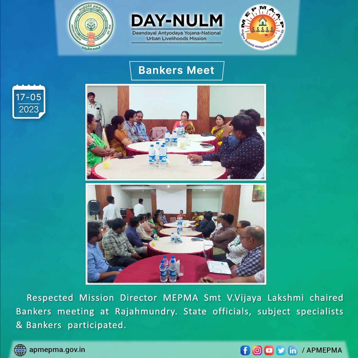 Respected Mission Director MEPMA Smt V.Vijaya Lakshmi chaired Bankers meeting at Rajahmundry. State officials, subject specialists and Bankers  participated.
#GOAP #APMEPMA #BANKERSMEETING #Rajahmundry #StateOfficials #bankerslife