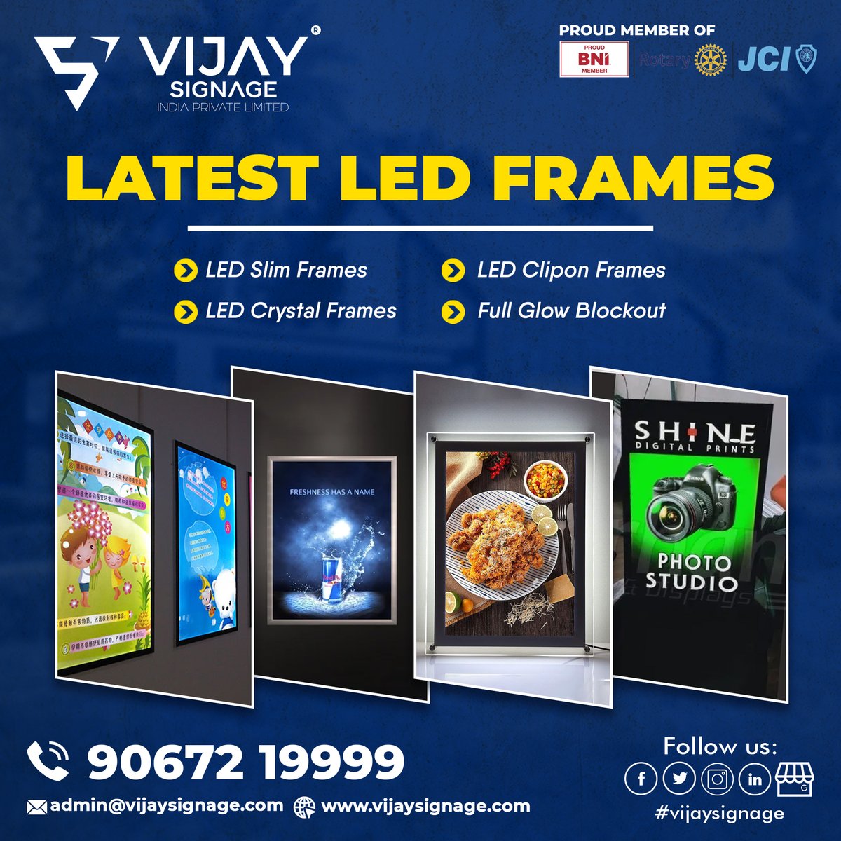 Vijay_signage's tweet image. Promote your brand with the Latest LED Frames designed by Vijay Signage!

✅ LED Slim Frames
✅ LED Clipon Frames
✅ LED Crystal Frames
✅ Full Glow Blockout

Upgrade your Indoor decor with our New LED Frames Today!

📞9067219999
linkto.contact/vijaysignage

#vijaysignage #ledframes