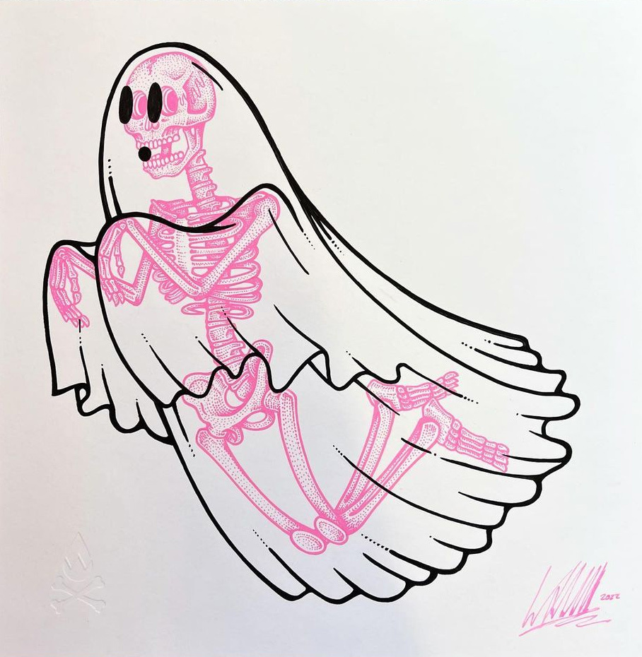 'Little Ghost' by Will Blood (@iamwillblood) #willblood #spookyart #poscapenart #skeletonart #halloweenillustration #ghostillustration #halloweenart #traditionalillustration #artlover #ghostart #penonpaper #skullart instagr.am/p/Csc2TgwIGRy/