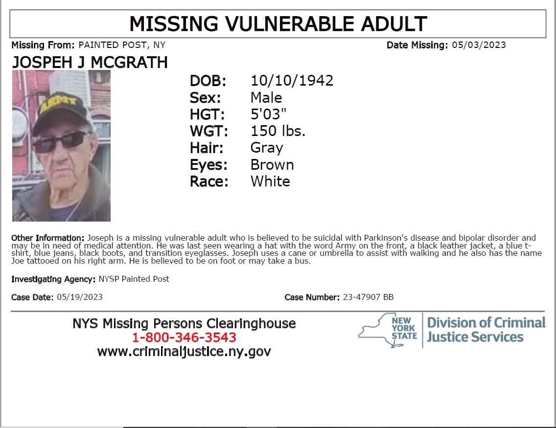 nyspolice's tweet photo. New York State Police is looking for the public’s assistance in finding Joseph J. McGrath, 80, a missing vulnerable adult who is believed to be suicidal with Parkinson's disease and bipolar disorder. Anyone with  information is asked to call 1-800-346-3543. https://t.co/ivMQJzKQZr