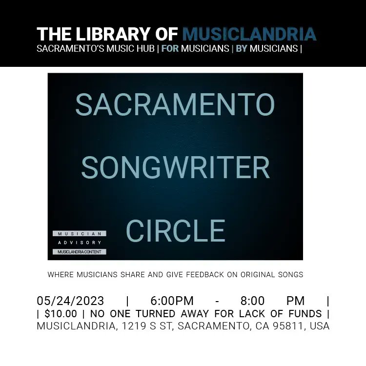 MusicLandria's tweet photo. Mark your calendars because @sacsongwritercircle is returning next Wednesday the 24th to host their monthly group meetup! B.Y.O.Instrument, voice, and or lyrics to share with your fellow songwriters~ https://t.co/mvvclFAKDD