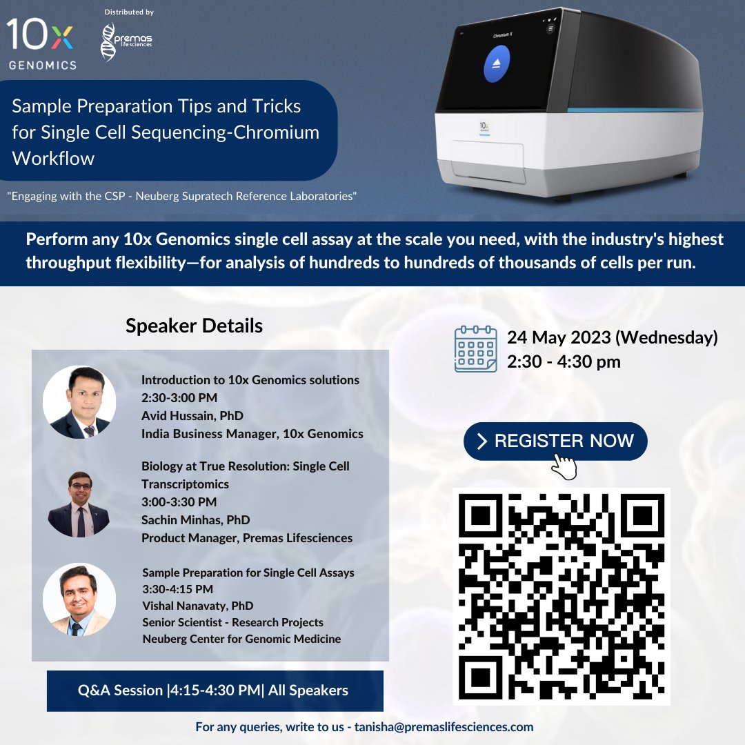 PremasLifeSc's tweet photo. Hurry up! Only 4 days left for the amazing event on @10xGenomics Sample Preparation on Single cell sequencing with @NSupratech 

24th May 2023| Wednesday | 2:30- 4:30 PM.

Register Now: https://t.co/70HOyjsfTB 

#sequencing #pls #sample #supratech https://t.co/qCV3p2OXpz
