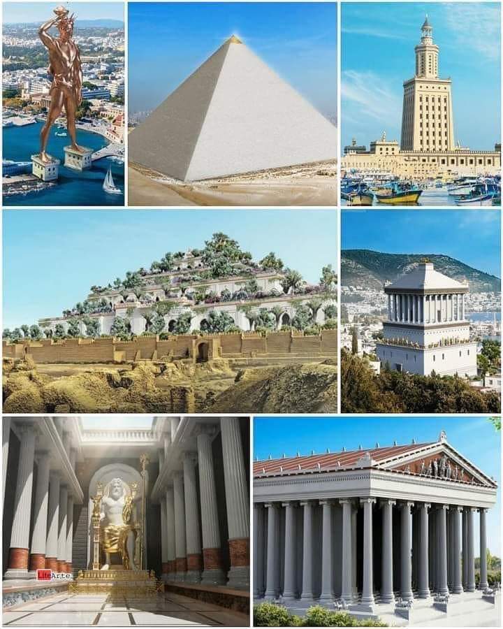 🟥 Así lucirían las Siete Maravillas del Mundo Antiguo en la actualidad. 

De izquierda a derecha:

1. El Coloso de Rodas.
2. Gran Pirámide de Giza.
3. Faro de Alejandría.
4. Jardines colgantes de Babilonia.
5. Mausoleo en Halicarnaso.
6. Estatua gigante de Zeus en Olimpia.
7.
