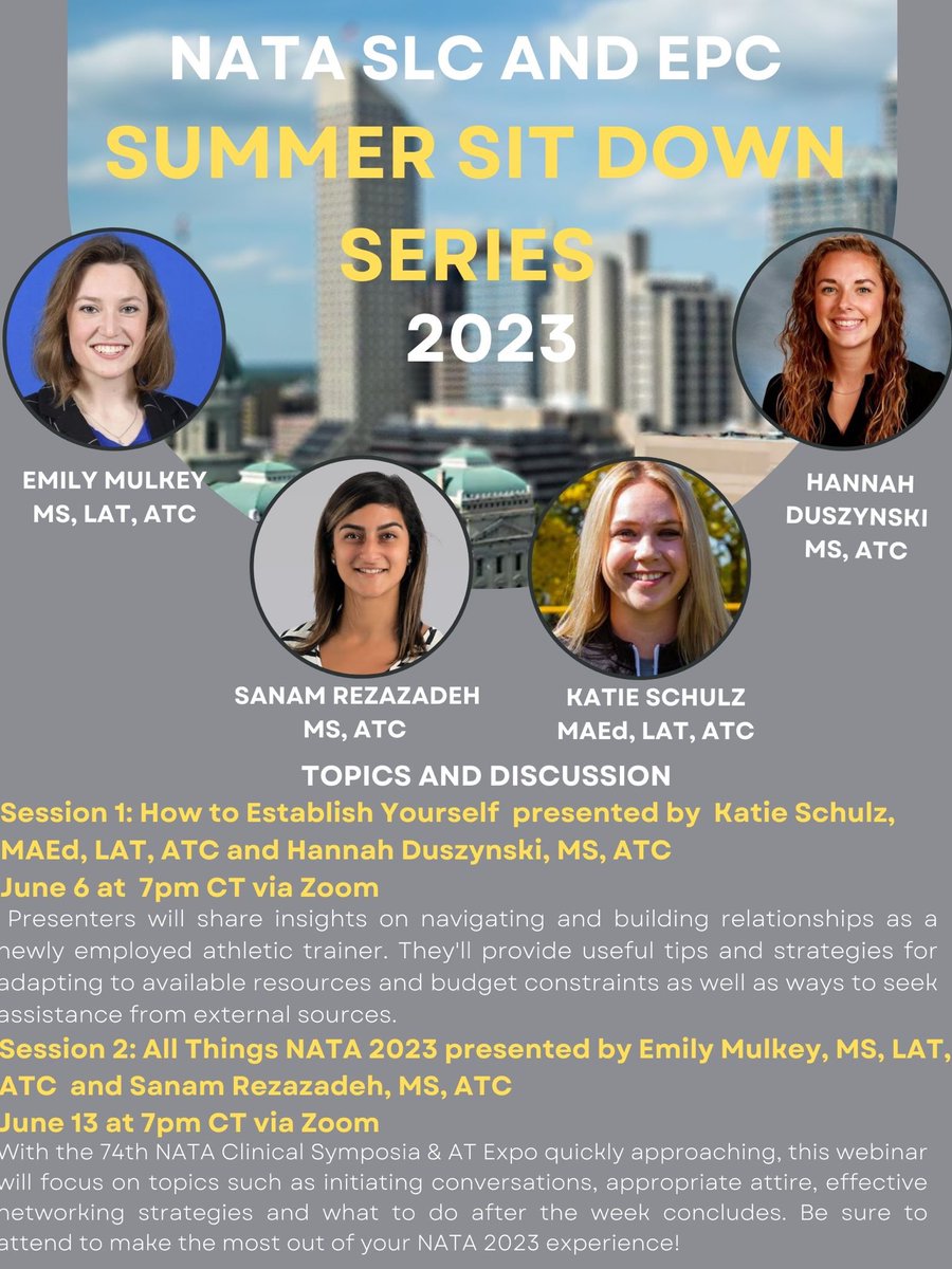 NATASLCreps's tweet photo. SAVE THE DATE!!! Students come join members of the EPC and SLC as we discuss preparing for your. first job and getting ready for the 74th NATA Clinical Symposia &amp; AT Expo!! The zoom link will be shared soon! ⁦@NATA1950⁩ ⁦@NATA_EPC⁩ https://t.co/OmAxzXHM4W