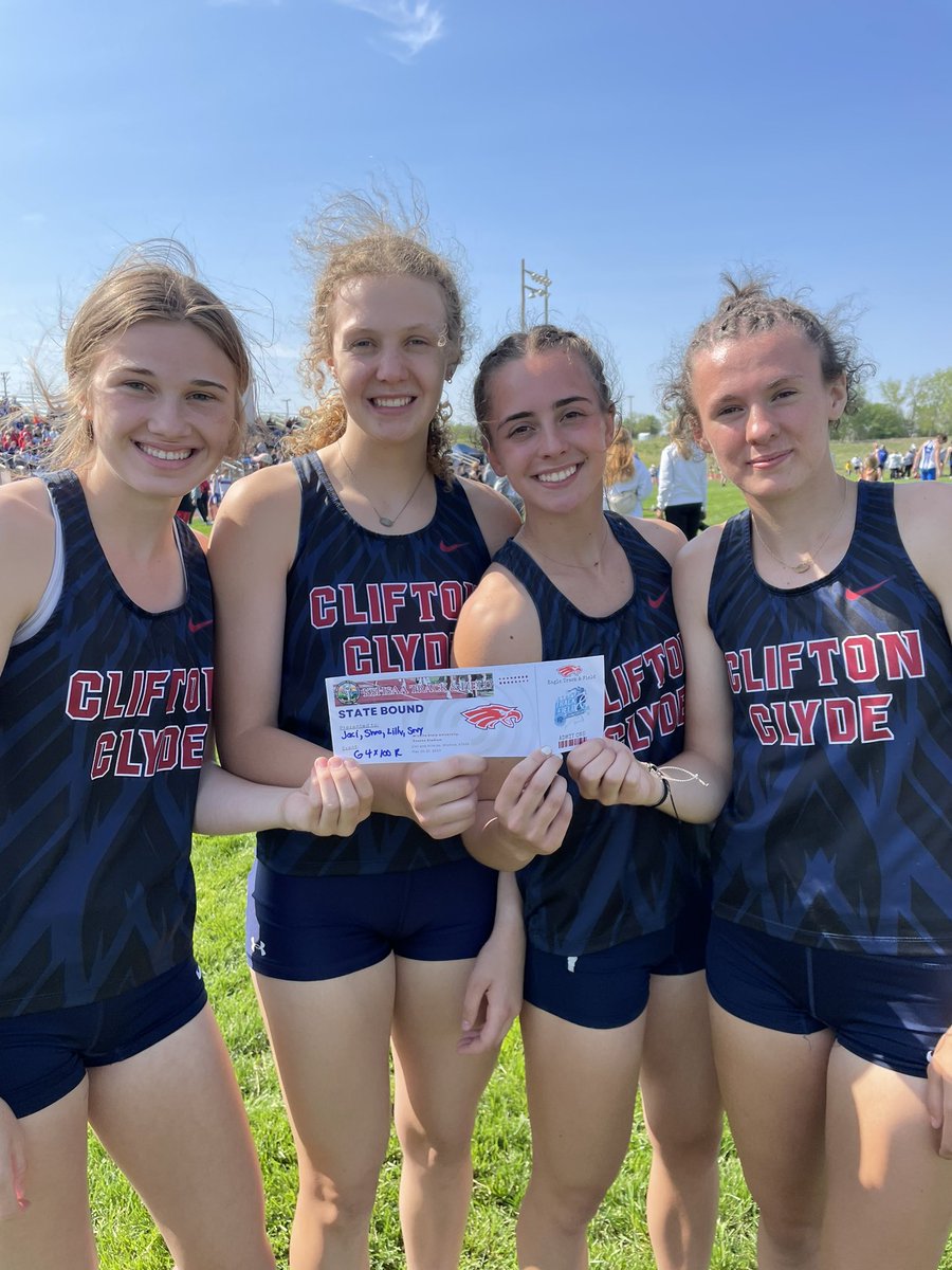 Congratulations to So. Jaci Winter, Jr. Shea Wurtz, So. <a href="/LSteinbrock/">Lillian Steinbrock</a>, &amp; Fr. Sevy Wurtz on punching their ticket to the KSHSAA State Track &amp; Field Championships in the 4x100m relay. Go Eagles! 🦅