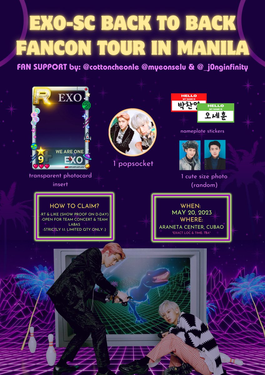 ⋆ exo-sc back to back fancon in manila ⋆
fan support by: @cottoncheonle, @myeonselu, & @_j0nginfinity

~annyeong, eris! we'll be giving away smol gifts later!

ꔛ rt & like
ꔛ strictly 1:1
ꔛ loc & time: tba
ꔛ see pic ⬇️

see you! ♡

#EXOSCinMNL
#EXOSC_BACKTOBACK_IN_MNL