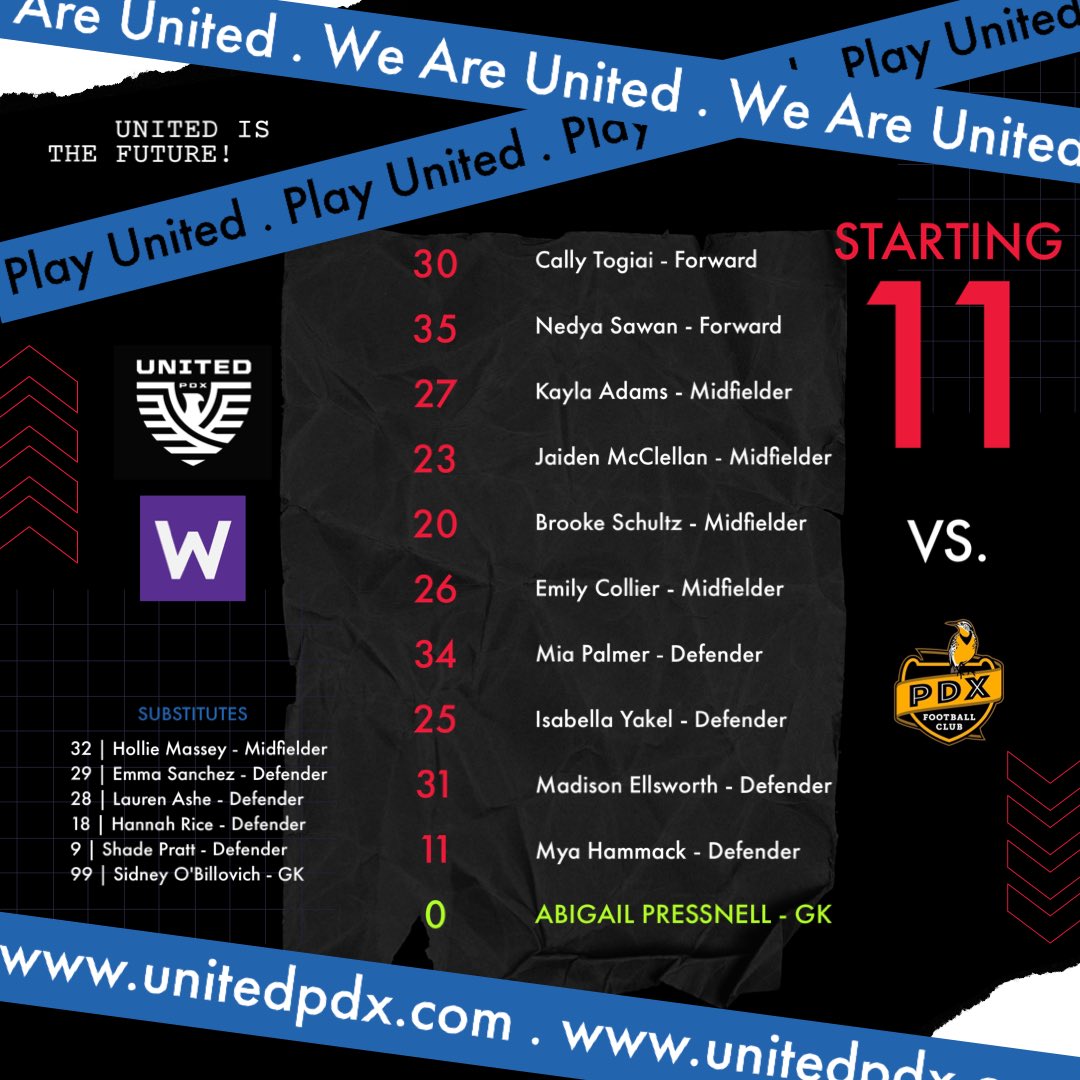 🚨W League Announcement🚨 

Game Day Roster & Starting Line-Up vs @pdxfootballclub 

#WeAreUnited #UnitedIsTheFuture #PlayUnited #PortlandsClub #ForTheW @USLWLeague