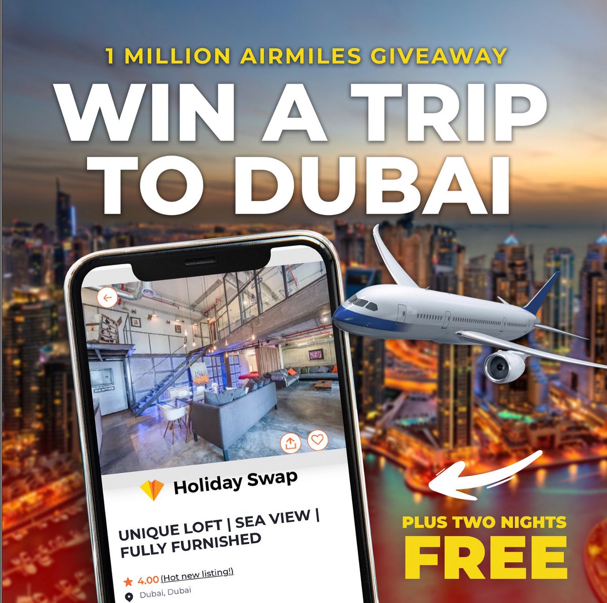🌟1 Million Miles Contest Alert!🌟

Get ready to pack your bags, because we're giving you a chance to WIN a trip to Dubai and enjoy TWO FREE nights in one of our Holiday Swap homes! 🏠✈️💼

To Enter:
1️⃣ FOLLOW <a href="/HolidaySwapApp/">Holiday Swap</a>
2️⃣ LIKE &amp; RETWEET this post
3️⃣ TAG 3 friends who'd