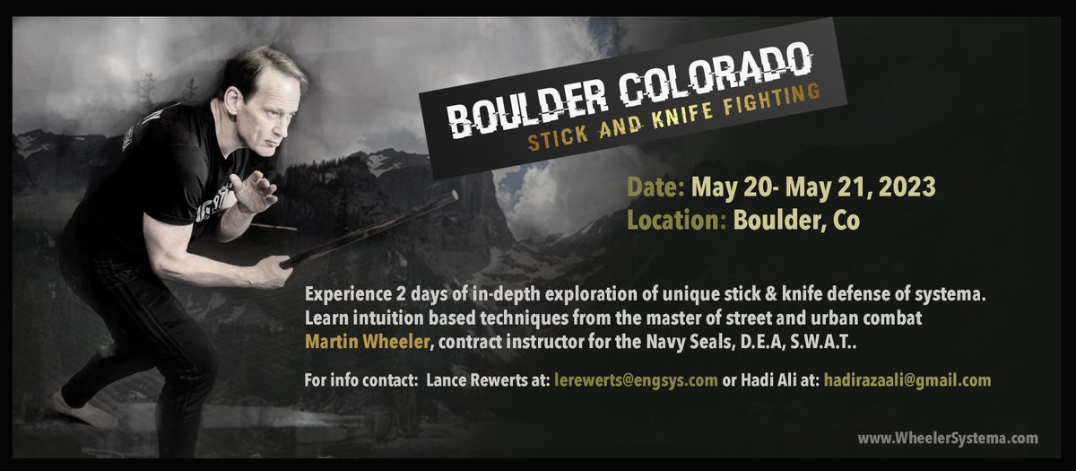 AcademyWheeler's tweet photo. Our 2 day seminar on stick and knife fighting is coming up tomorrow in Boulder, Colorado!

Looking forward to a great weekend! https://t.co/5MFacGgDM0