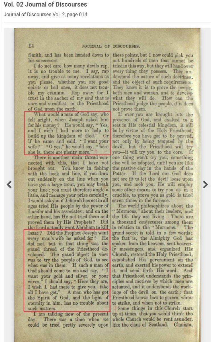 Jedediah M. Grant(七十人会長、後の大管長会顧問)による1854年2月19日の説教。Grantによると「あなたの妻が欲しいです」とジョセフ・スミスが言ったなら「はいどうぞ、もっと居ますよ」と自分の妻を差し出すのが「神の人」の態度らしいです。

contentdm.lib.byu.edu/digital/collec…