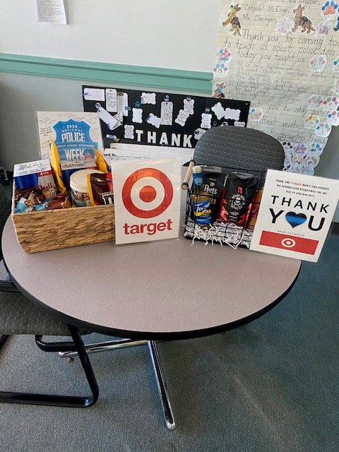 In honor of Police Week, Target brought several gift baskets to our police department to show their appreciation. Thank you for your continued support, Target, and thank you for the goodie baskets!