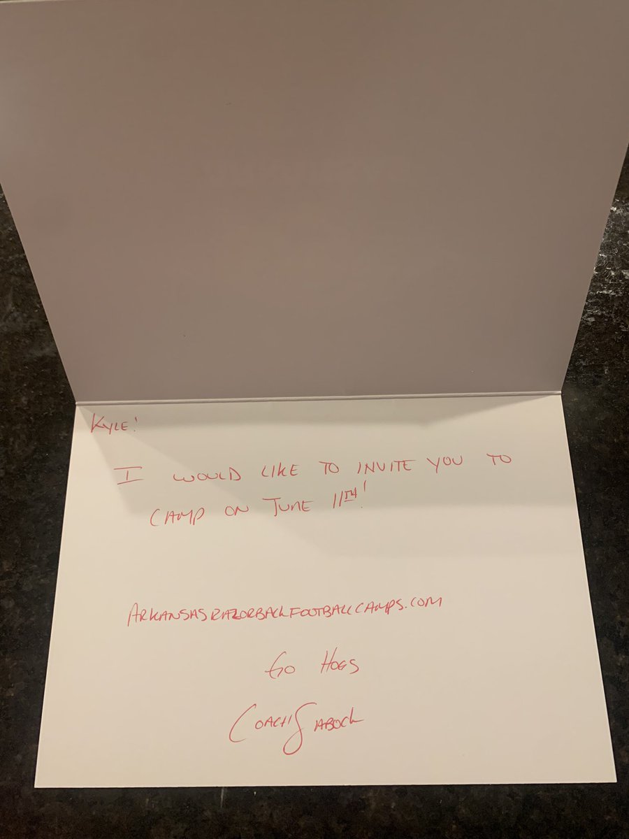 Kyle_b2005's tweet photo. Thanks @DSabock for the camp invite! @RazorbackFB Hope to be able to compete June 11th! https://t.co/e6YqIaibgi