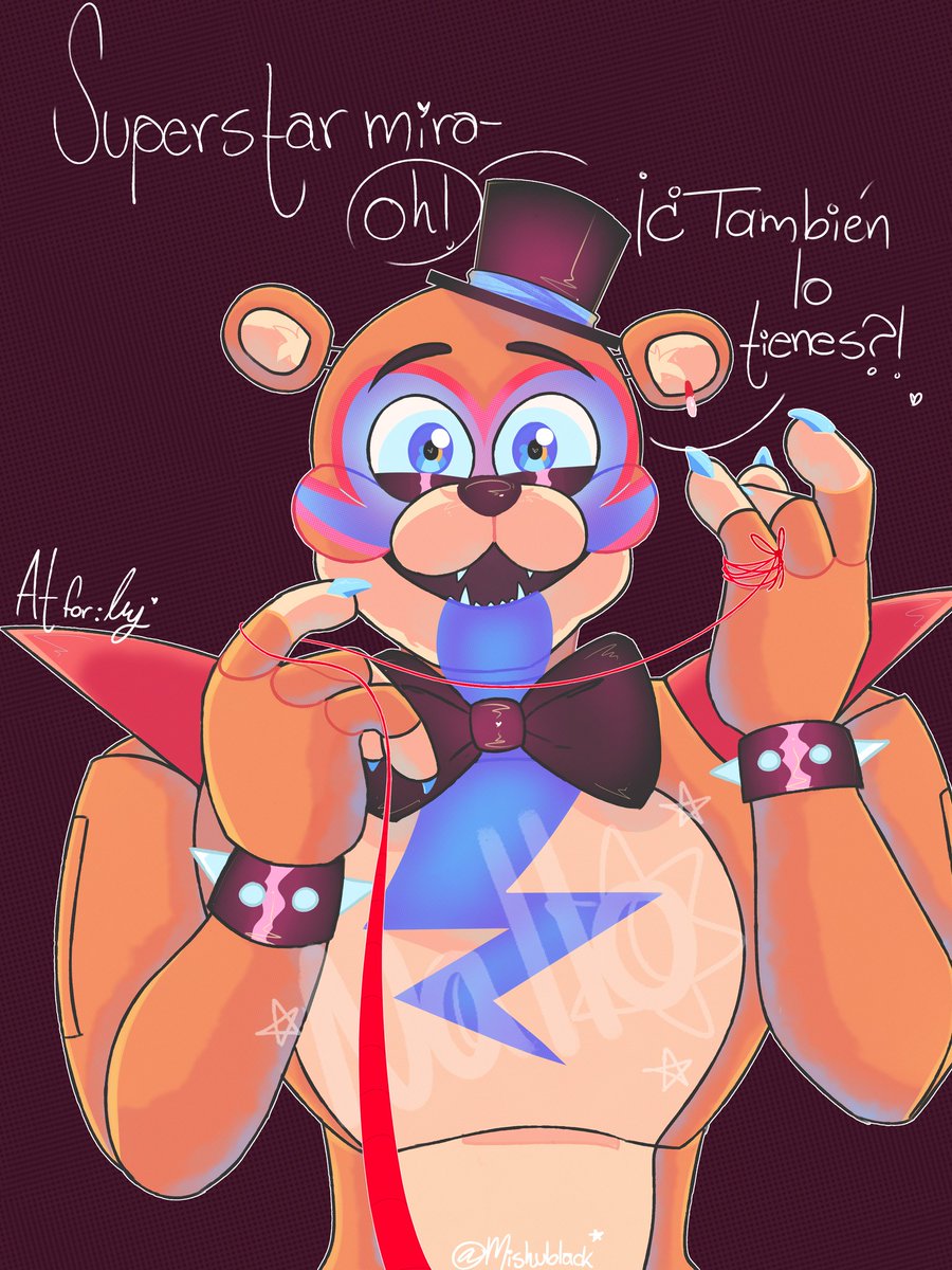 Mishublack's tweet photo. I did AT with @LuyRent 
Freddy meeting his destined person (Luy)

#freddyfazbear #glamrockfreddy https://t.co/R5W0OkjSuv