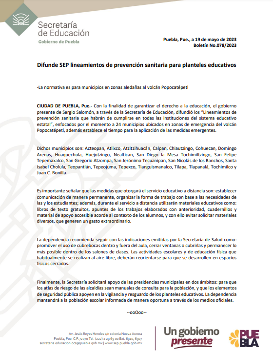 CordesPuebla's tweet photo. El #GobiernoPresente de @SergioSalomonC, a través de la dependencia, difundió los “Lineamientos de prevención sanitaria que habrán de cumplirse en todas las instituciones del sistema educativo estatal”, para atender a 24 municipios cercanos al volcán.

🗞️|https://t.co/It94Syvdey https://t.co/EiL0ATcJOE