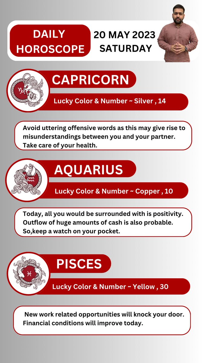 Daily Horoscope 🌟

20th May 2023 ✨

• Like ~ Retweet ~ Comment 

#Dailyhoroscope #astrology #ZodiacSigns #aries #taurus #Gemini #Cancersign #Leo #virgo #Libra #Scorpio #Sagittarius #Capricorn #Aquarius #pisces