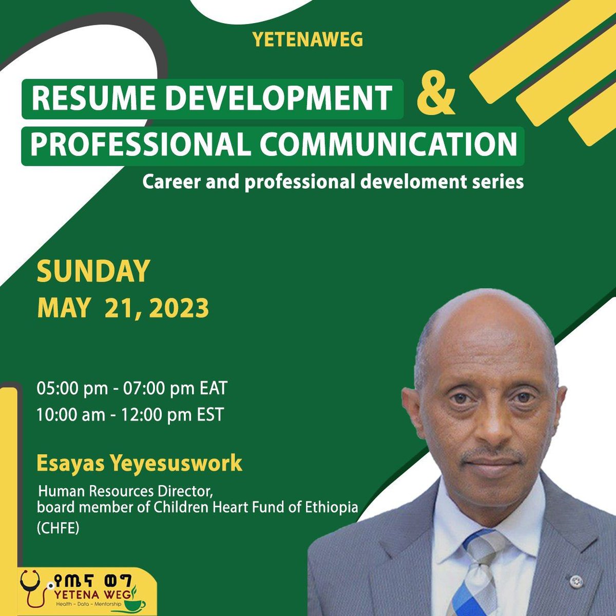 Busy weekend at <a href="/YetenaW/">Yetena Weg / የጤና ወግ</a> 

Saturday - Article writing competition winner’s announcement (top 3 ) with <a href="/RohaMedCampus/">Roha Medical Campus</a> 

Sunday 
Health promotion- Mental Health team discuss about trauma -Club House 

Mentorship- Resume development and Professional communication 

Research/QI -