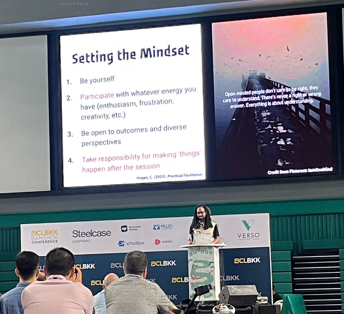 Truthful, powerful storytelling by <a href="/de_fine/">DeFine</a> to kick off #21CLBKK 

Questions I’m left puzzling: how do our individual and family stories intersect? What stories and traumas does each person carry? How does commoditization of schooling and people impact us?