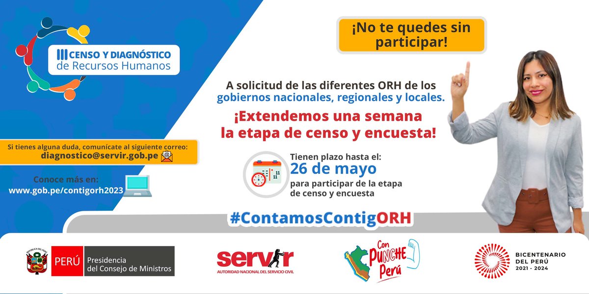 SERVIR_PERU's tweet photo. ☝️¡Atención, jefes/as de las #ORH!
Tienen plazo hasta el 26 de mayo para participar en las etapas del censo y encuesta. 
☑️Censo: https://t.co/FB7dXy0b2C
☑️ Encuesta: https://t.co/wzWpXDu3Jk

#ContamosContigORH

📞 (01) 206 3370 anexos 2603 y 2604
ℹ️ https://t.co/RKOiC3myfM https://t.co/fqOQrckON9