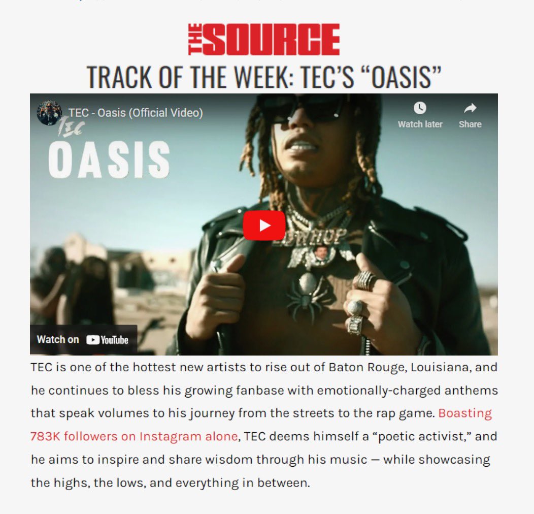 Shout out to <a href="/TheSource/">The Source Magazine</a> for giving <a href="/TEC_Luwhop/">TeC Luwhop Hussein</a> “Oasis” Track of the Week! 

Luwhop is on fire 😈🕷️🕸️

Don’t forget to stream “Web Life 4”

music.apple.com/us/album/web-l…