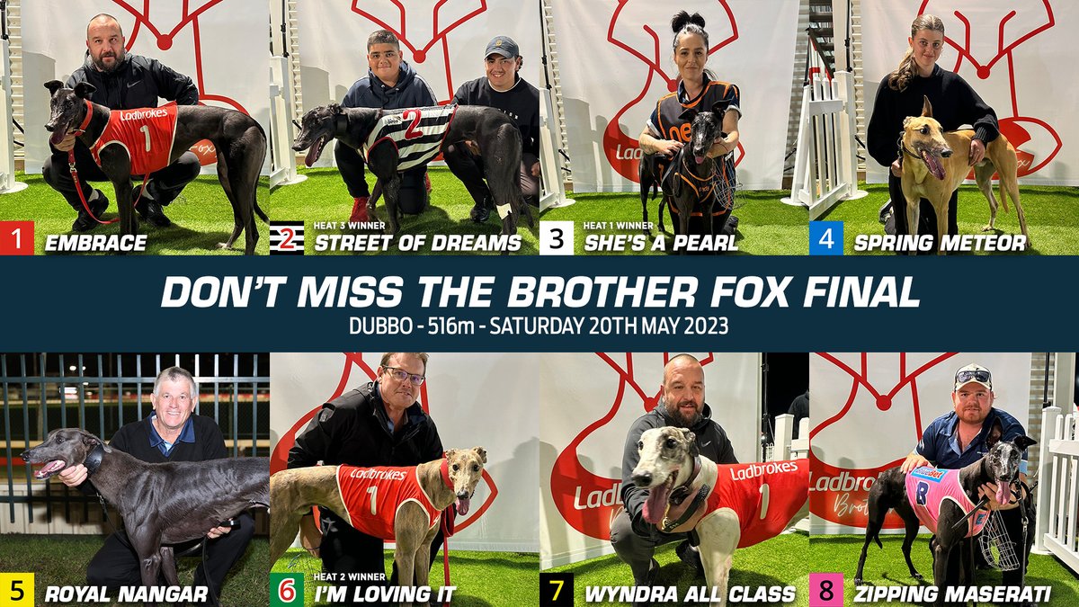 Thedogs_com_au's tweet photo. We're looking forward to racing at Dubbo tonight and the running of the 2023 Brother Fox Final! ๐ฆ
Who's your pick?
Catch the race LIVE at 7:12pm AEST tonight: https://t.co/mgTbnc8dsm
#thedogs #greyhoundracing #brotherfox #dubbo https://t.co/CSCdWMf0FH
