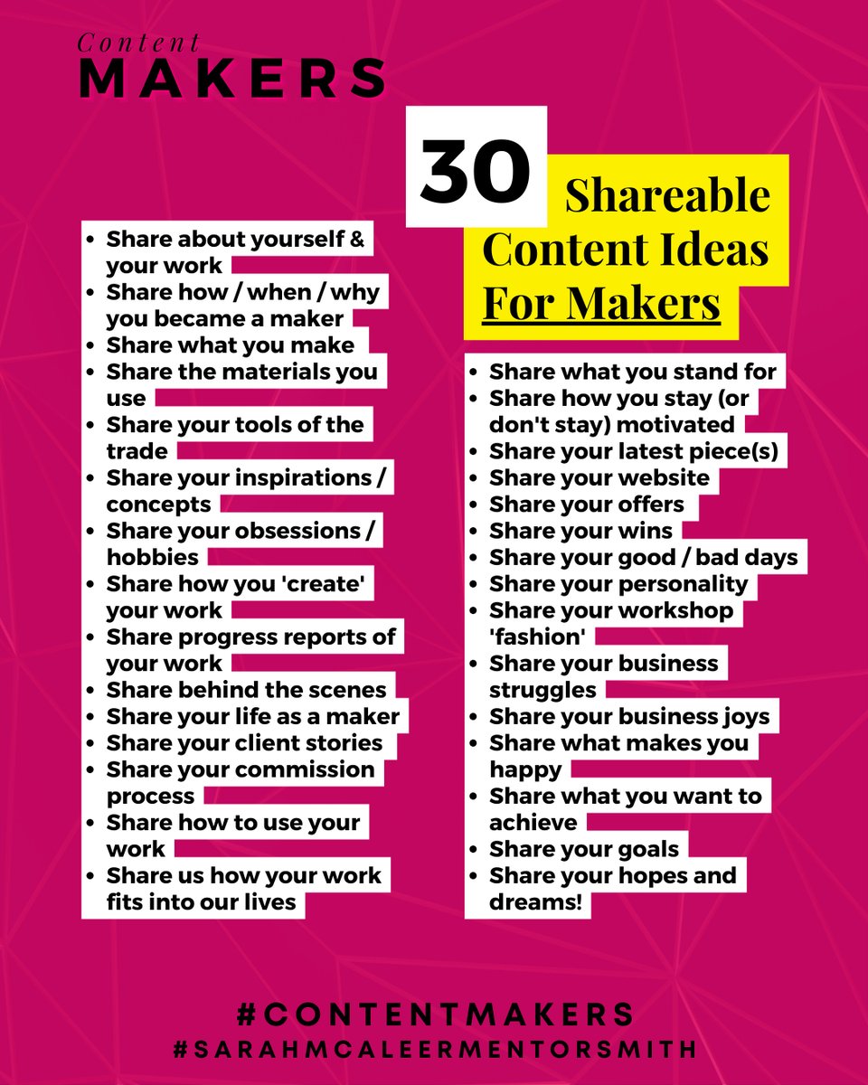 Makers! No need to worry about what to post - here's 30 shareable content ideas you can use TODAY in your makers business!
#content #contentideas #contenttips