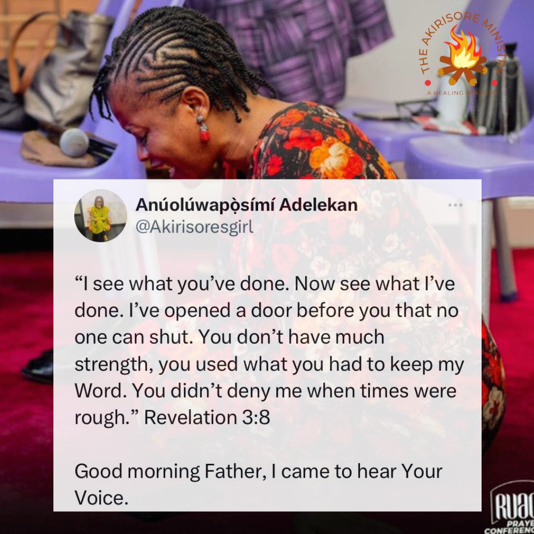 Akirisoresgirl's tweet photo. THIS MESSAGE IS FOR YOU
Your reward for returning.
OH PRAYER!
Rush in , rush in into the KINGDOM
Good morning Father, I came to hear Your Voice.
#GoodmorningFather #GMF
#EncounterAkirisore https://t.co/2SL2DqDvLL