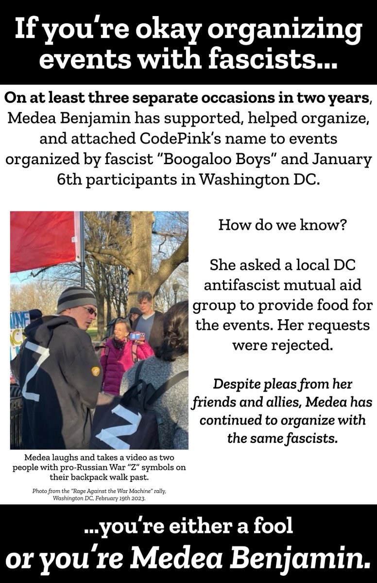 here's the one about how #MedeaBenjamin organizes with actual fascists, including the organizer of the Charlottesville white power march that saw the murder of Heather Heyer in 2017.

twitter.com/shanthropology…