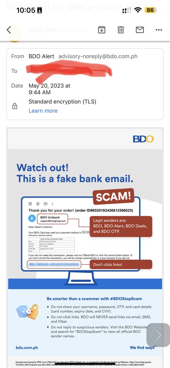 BDO sent an advisory “Watch out for fake e-mails”. Initial look at the headers is here. Will need to check “all headers “ on my laptop