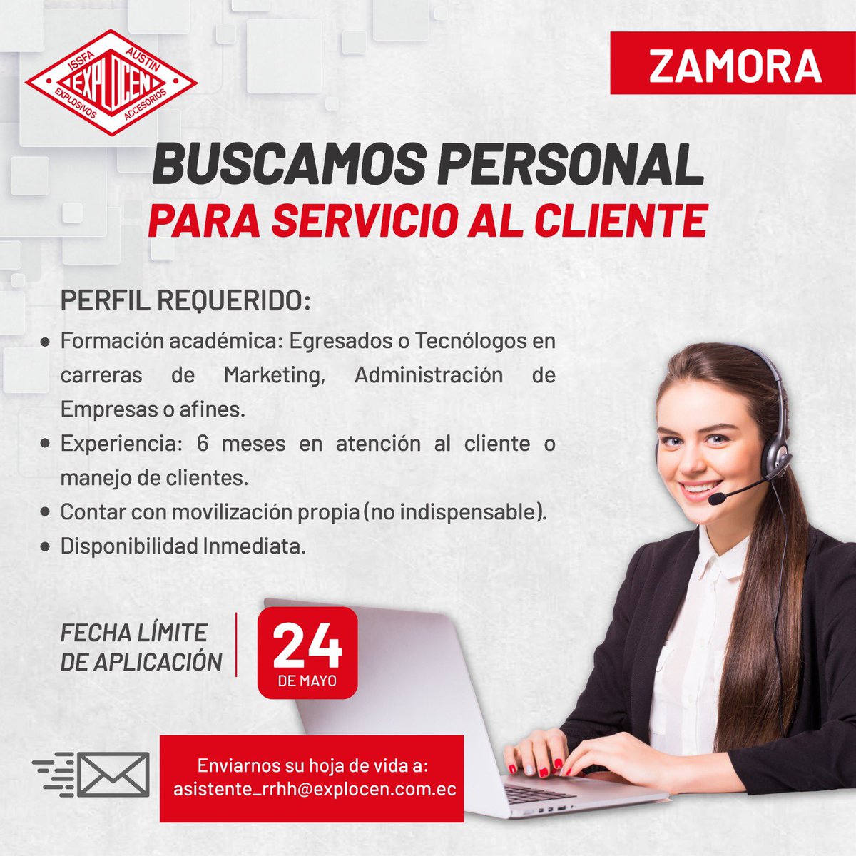 explocen's tweet photo. 👉🏻Estimada red, ♦️EXPLOCEN C.A está en la búsqueda de Servicio al Cliente para la cuidad de Zamora.
✍🏼Interesados enviar su hoja de vida a asistente_rrhh@explocen.com.ec especificando el cargo en el asunto.
#sihaytrabajo #sihaycamello #vacante #TalentoHumano #explocen #Zamora https://t.co/Lbo1wMuNsh