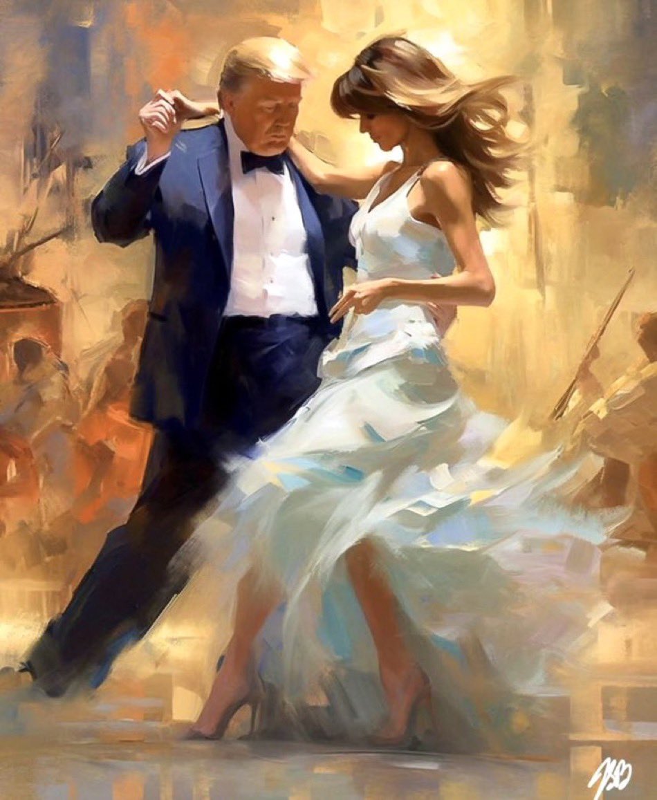 There are several flaws in this MAGA fantasy sketch:

• Trump looks 20 years older than this
• He’s actually 175 lbs. heavier
• Melania won’t let him touch her
• A dance move like this would paralyze him
• He’d need his ramp Marines to hold him up