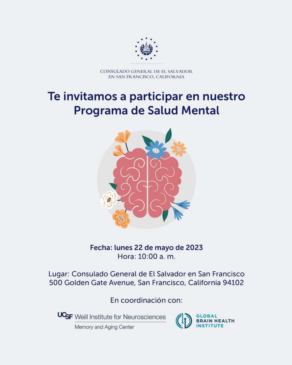 Sé parte de la primera sesión de nuestro Programa de Salud Mental. ✅️ Este lunes 22 de mayo, realizaremos una jornada informativa para la #DiásporaSV. Estamos ubicados en: 📍 500 Golden Gate Avenue, San Francisco, California 94102 ¡Te esperamos! Más detalles: 👇🏼