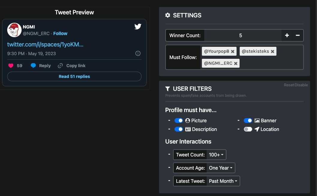 Retweet and join the twitter spaces for a chance to be on of 5 lucky winners that will receive 100$ USD each! 

$NGMI

only rules are to follow <a href="/Yourpop8/">YourPOP</a> <a href="/stekisteks/">///Steki🧲</a> and <a href="/NGMI_ERC/">NGMI</a>
