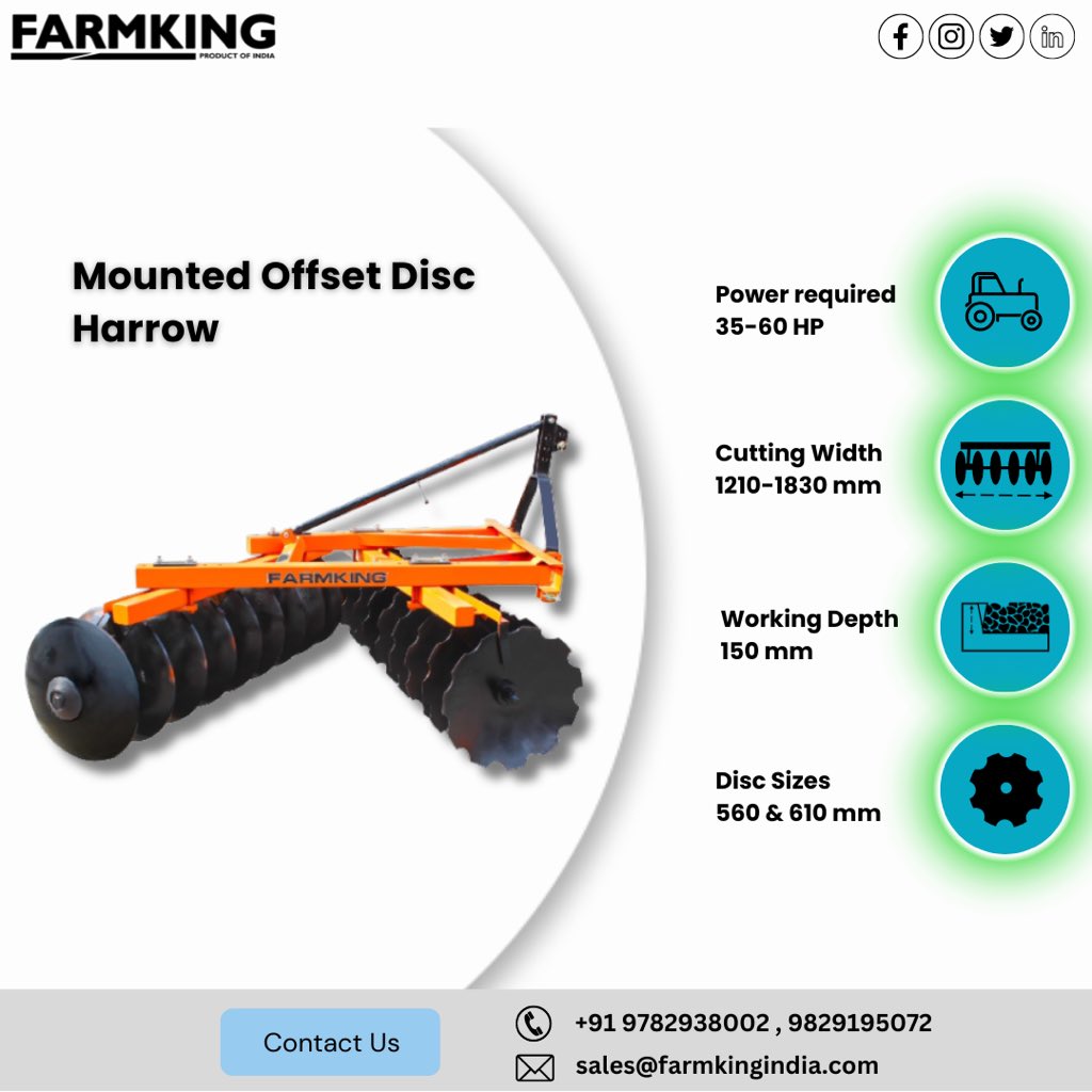 FarmkingIndia's tweet photo. Mounted Offset Disc HARROW

Contact us to become FARMKING Dealer/ Distributor and grow with us.
+91 97829 38002, 98291 95072 sales@farmkingindia.com
.
.
#farmking #farmkingproducts 
#planter #garlic #garlicplanter #seeds #seeddrill #plantermachine #AgriculturalEquipments #soil https://t.co/OLV0qC3S0e