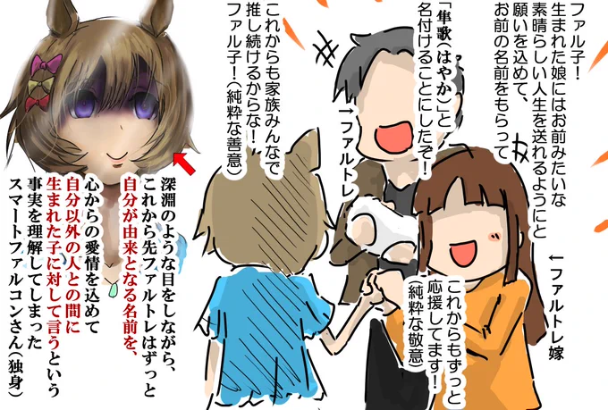 ファルトレ夫妻から生まれた愛娘の名前に、純粋なる敬意と好意から「隼」の字を貰って名付けた報告を受けるスマートファルコンさん(三十路前) #ウマ娘 #スマートファルコン  続いちゃった