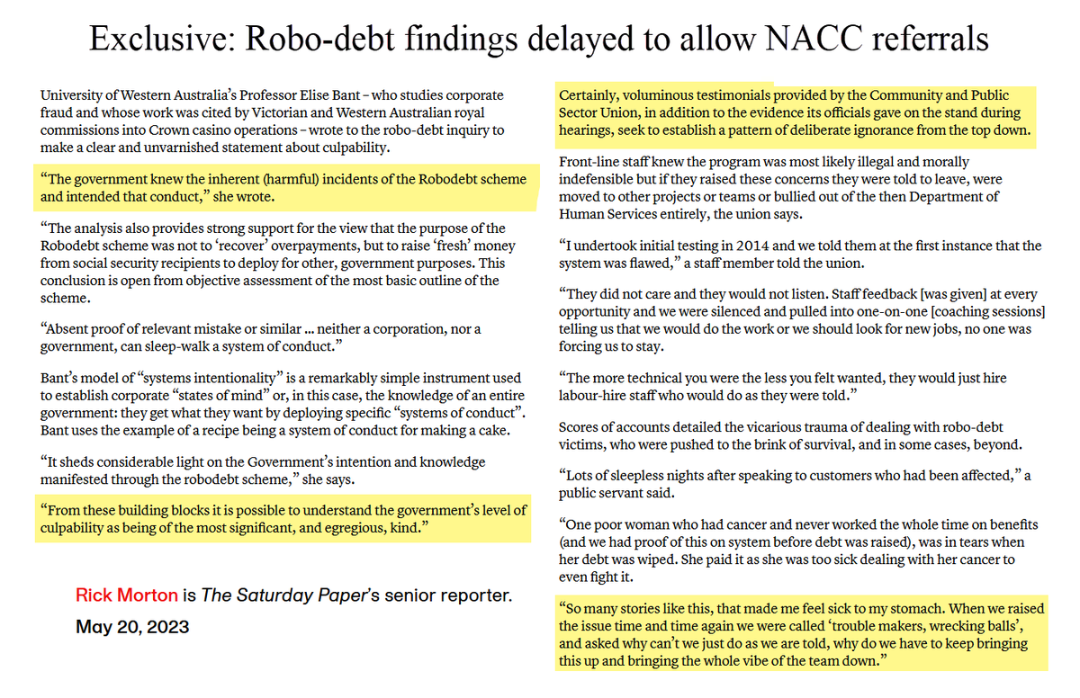 “When we raised the issue time and time again we were called ‘trouble  makers, wrecking balls’, and asked why can’t we just do as we are told,  why do we have to keep bringing this up and bringing the whole vibe of  the team down.” 
#Robodebt #NACC #SaturdayPaper #auspol