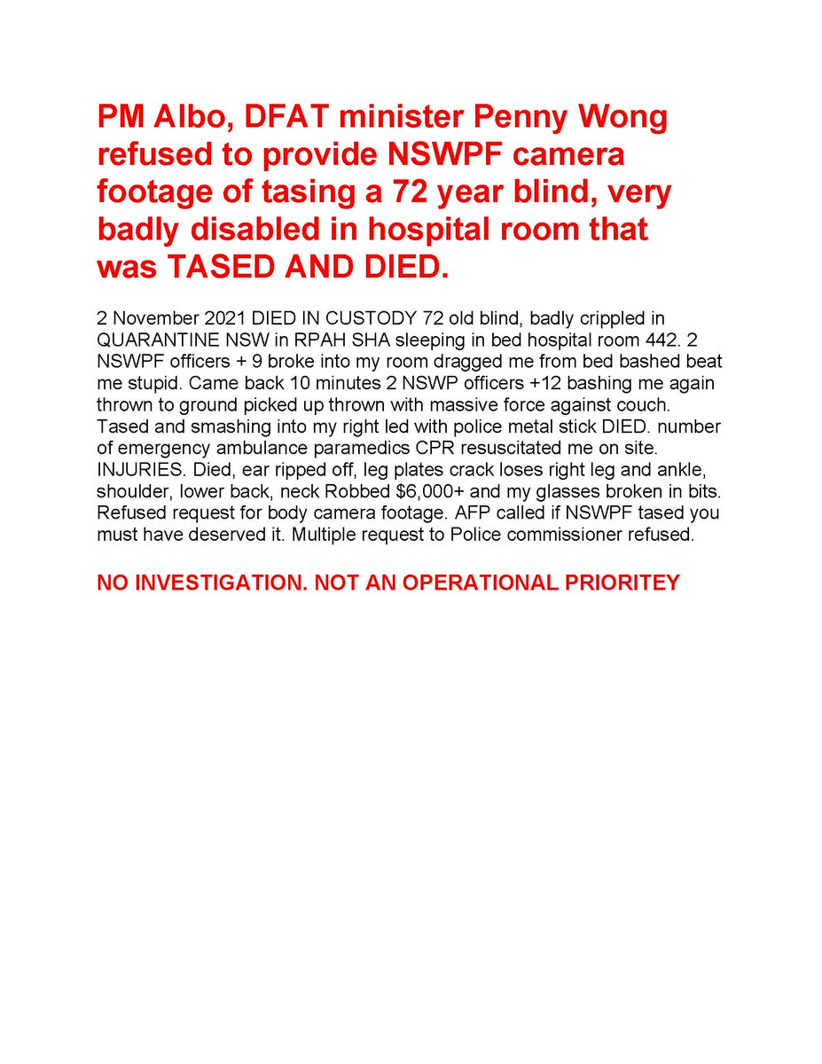 @AlboMP @SenatorWong @johaylen @dfat @nswpolice @9NewsAUS @SkyNewsAust @7NewsSydney @MailOnline @dailytelegraph @nswpolice @smh @ChinaDaily @SydneyLHD  SLHD hospital 72 blind, crippled tazed by 2 NSW police died. ROOM 442 ON 2 NOVEMBER 2021. refused Camera footage