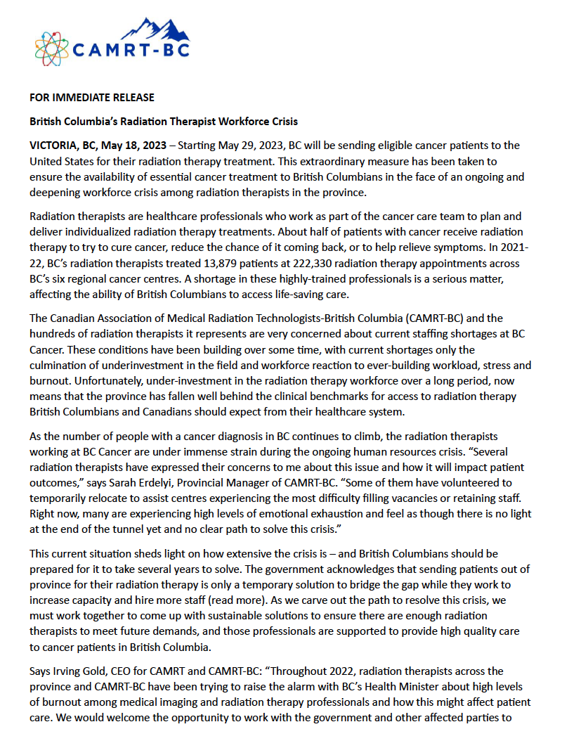 camrt_bc's tweet photo. After BC announced it would sending some patients to the US for their radiation therapy, CAMRT-BC acted quickly to publish a press release about radiation therapist shortages in the province. https://t.co/TYGezujezW