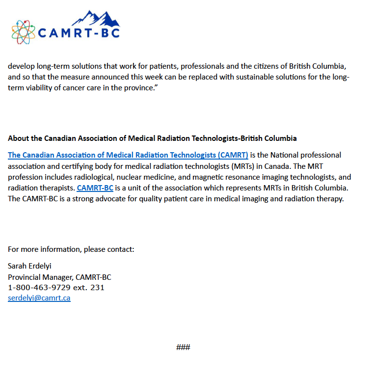 camrt_bc's tweet photo. After BC announced it would sending some patients to the US for their radiation therapy, CAMRT-BC acted quickly to publish a press release about radiation therapist shortages in the province. https://t.co/TYGezujezW