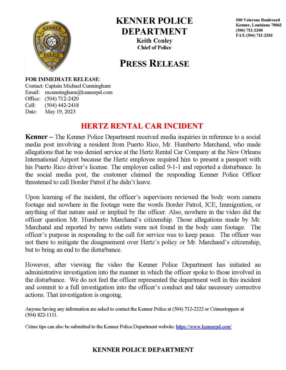 DavidBegnaud's tweet photo. Now, @KennerPolice police say the cop  did not represent them well &amp; they’re investigating his conduct. They say they’ll take necessary corrective actions. Humberto Marchand, the Puerto Rican, man/customer in this video also filed a formal complaint with the dept. https://t.co/Ek6NGuAuSz