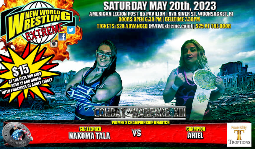 PowerhouseAriel's tweet photo. Tomorrow, May 20th, New World Wrestling-Extreme.
@PowerhouseAriel vs @NakomaTala in singles action at Combat Warfare XIII!
Don't miss the action in Woonsocket, RI at the American Legion Post 85 Pavillion. Doors open 6:30pm, Bell time 7:30pm.
#PortuguesePowerhouseAriel #NWWE https://t.co/sQAnEZ9TFr