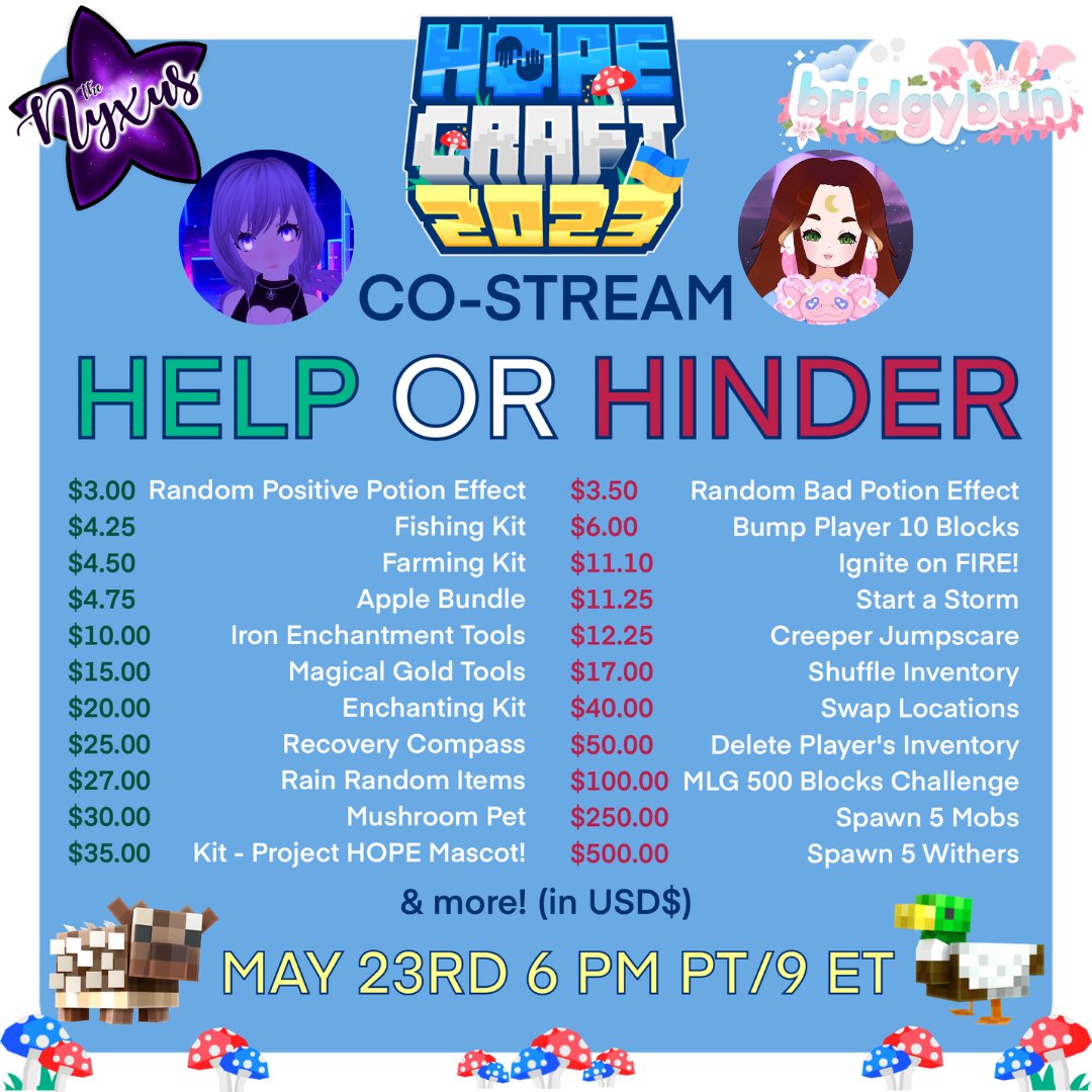 nyxena_t's tweet photo. โจ #HOPEcraft CHARITY CO-STREAM TAKE 2 โจ
On May 23rd at 6 PM PT/9 ET, @bridgybun and I will be raising funds for @projecthopeorg on the HOPEcraft SMP! We had an error last time preventing effects but it should be fixed now!
HELP or HINDER us through our @tiltify campaigns ๐ฅณ https://t.co/n8GtuauHbl
