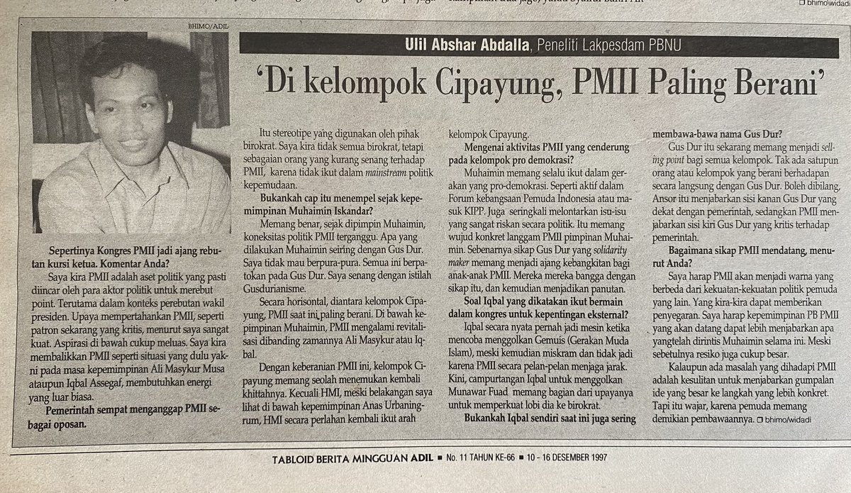 Saya masuk PMII ya antara lain karena ngefans berat dgn kang mas kyai <a href="/ulil/">Ulil Abshar-Abdalla</a> sehingga pas masuk UI nyarinya ya PMII. NU jalur PMII itu harus kritis kritis kritis di samping terus ta’zim kepada para masyayih NU! Bukan begitu bat bati?